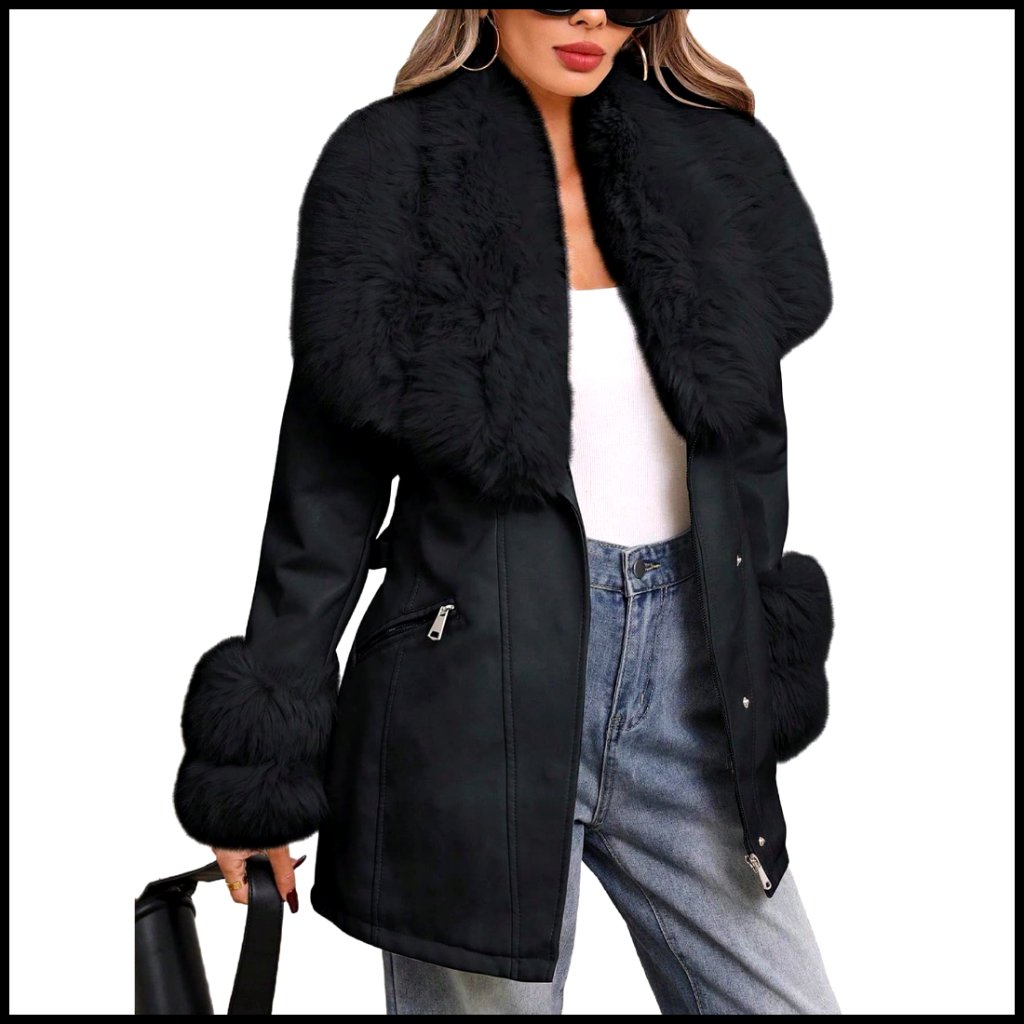 Faux Leather Jacket With Fur Collar Belted Moto Biker Style Winter Coat